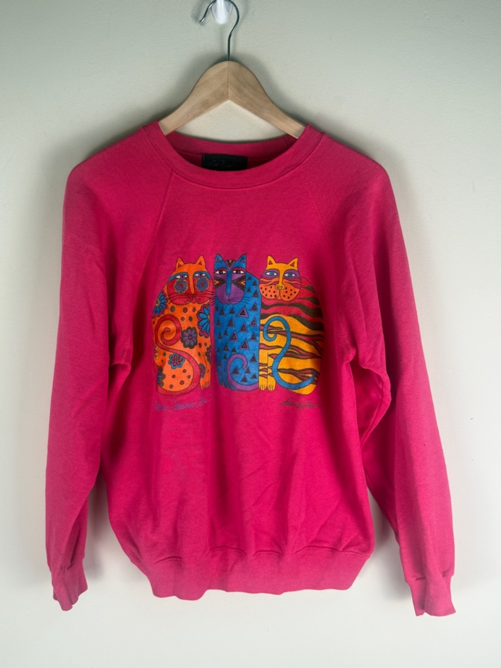 Laurel Burch RARE Pink 3 Cats Colorful Crew Neck Sweatshirt Women's LG (42-44)